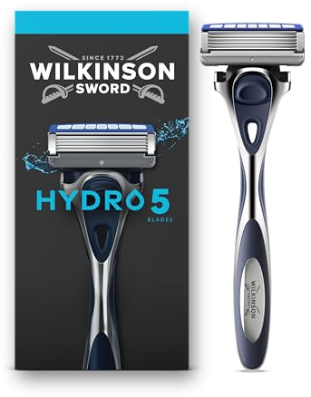 Wilkinson Sword Hydro 5 Men’s Razor Handle, 1 Blade Refill | 5 Blade Face or Body Razors for Men, Dual Lubrication, Moisturising Gel Formula, Soothing Aloe Vera, Flip Trimmer Shaver Head