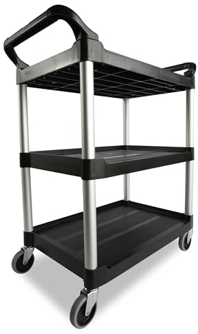 Rubbermaid Commercial Products Heavy Duty 3-Shelf Rolling Service/Utility/Push Cart, 200 lbs. Capacity, Black, for Foodservice/Restaurant/Cleaning/Warehouse/Garage