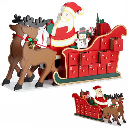 Spielwerk® Wiederverwendbarer Adventskalender Schlitten zum Befüllen 24 Türchen Bunt Bemalt Weihnachten Kinder DIY weihnachtliche Holz Dekoration