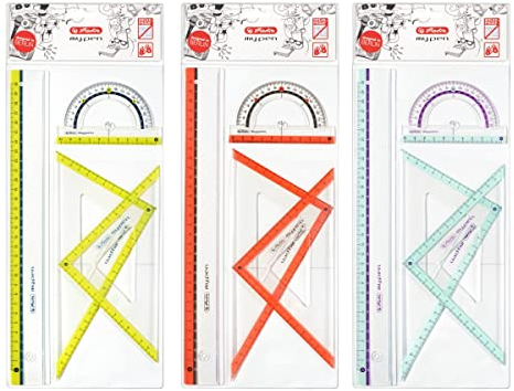 Herlitz Juego de geometría, kit escolar 4 unidades: 2 escuadras, regla, transportador de ángulos, colores surtidos para diestros y zurdos, plástico resistente al impacto - 11368222