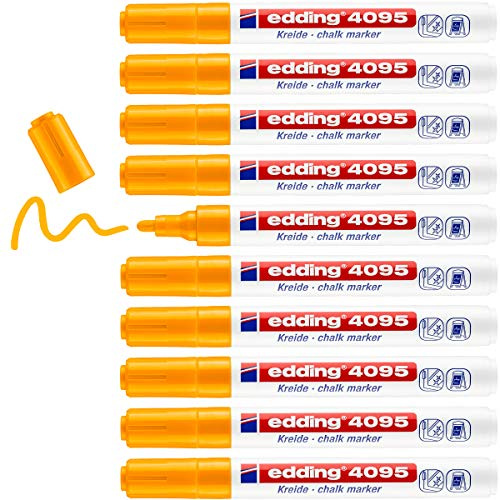 edding 4095 kritmarkör – neonorange – 10 kritpennor – rund spets 2–3 mm – kritpenna för avtorkbar tavla – för märkning av fönster, glas, spegel – bordspenna med ogenomskinliga färger