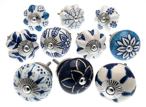 Gemischt Set mit blau & weiß Schrankknöpfe aus Keramik x 10 (MG-203) 'Vintage-Chic' TM Produkt