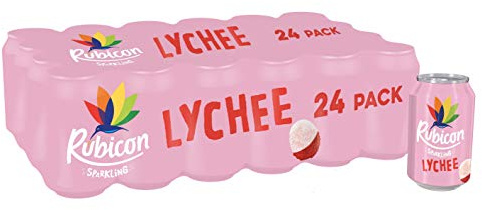 Rubicon 24 Pack Sparkling Lychee Flavoured Fizzy Drink with Real Fruit Juice, Handpicked Fruits for a Temptingly Intense Taste Made of Different Stuff - 24 x 330ml Cans (packaging may vary)