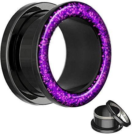 Treuheld® | Schwarzer Flesh Tunnel mit lila Glitter/Glitzer in violett - 17 Größen: 2-30mm - schraubbar - Schutzschicht - Piercing Ohr Tunnel aus Chirurgenstahl 316L Edelstahl nickelfrei - purpur