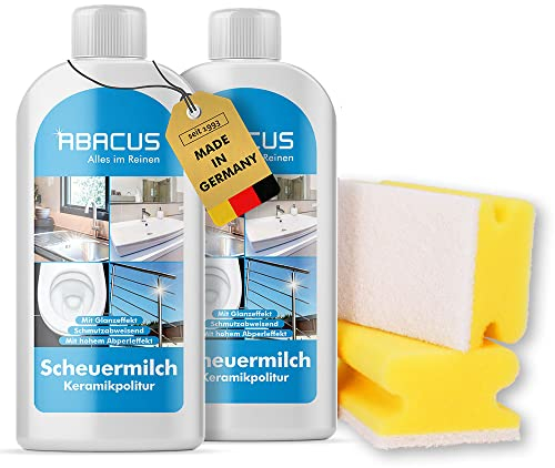 ABACUS® Profi Scheuermilch mit Lotus- & Glanzeffekt, Scheuermittel für Küche & Bad, Reinigungsmilch, Sanitärpolitur, Keramikpolitur, Edelstahlpolitur – Scheuermilch Set 2x 500 ml mit Schwämmen (7013)