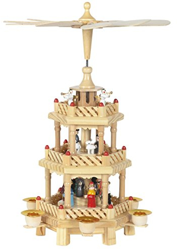 Weihnachts-Pyramide Krippe, 3 Etagen, H: 30 cm, Natur/farbig, handbemalt im Kunsthandwerks-Stil