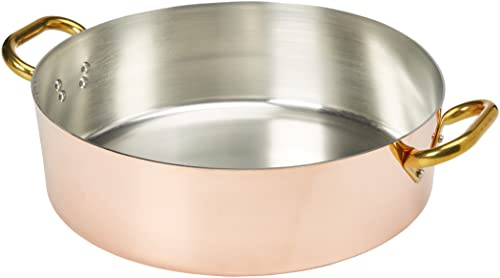 Pentole Agnelli ALCU10636 Casseruola Bassa in Rame con 2 Maniglie in ottone, Rame liscio stagnato a mano, 36 cm