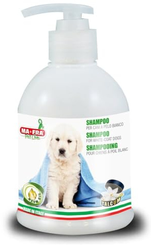 Ma-Fra Champú Limpiador para Perros, con Aceite de Neem, Específico para la Limpieza Profunda del Pelaje Blanco, Elimina el Antiestético Color Amarillento del Pelaje, 250ml