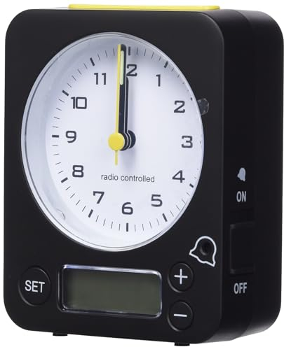 TFA Dostmann Combo Analog Wecker, 60.1511.01.07, mit Funkuhr, mit digitaler Alarmeinstellung, geräuschlose Tasten, schwarz-gelb,L 90 x B 40 x H 115 mm