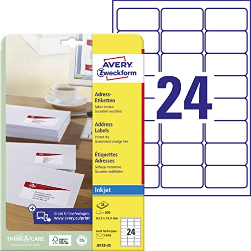 AVERY Zweckform J8159-25 Adressetiketten/Adressaufkleber (600 Etiketten, 63,5x33,9mm auf A4, bedruckbar, selbstklebend, für DIN B6/C6 Briefkuverts, Papier matt, Inkjet-Drucker) 25 Blatt, weiß