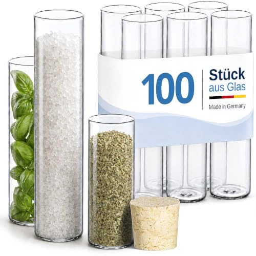 Tuuters 100 Stück Glas Reagenzgläser mit Korken (100 x Ø 30mm) Flachboden | 50ml Reagenzglas mit Naturkorken zum Hinstellen - Ideal als Gastgeschenk, Gewürzglas, für Blumensamen oder Geldgeschenke