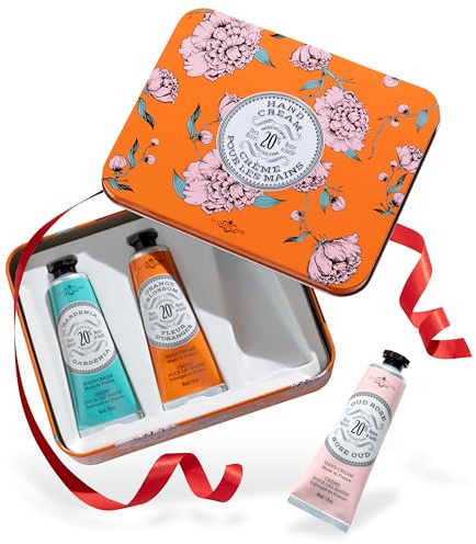 La Chatelaine Hand Cream Trio Tin, Gifts for Mom, Natural Hand Lotion Gift Set, Made in France 20% Organic Shea Butter (Gardenia, Cinnamon Orange, Passion Fruit or Orange, Oud Rose) 3 x 1 fl. oz