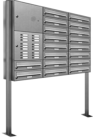 AL Briefkastensysteme 18er V2A Edelstahl Stand Briefkasten mit Klingel rostfrei als 18 Fach Briefkastenanlage DIN A4 in Postkasten Design modern