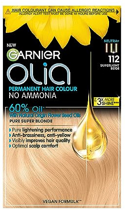 Garnier Olia Permanente Haarfarbe, bis zu 100% Grauhaarabdeckung, ohne Ammoniak, 60% Öle, 112 Super Hellbeige Blond | 100 % Grauabdeckung, ölbetriebene Formel, leuchtende, langanhaltende, lebendige Farbe, ohne Ammoniak, 3 x glänzendes Haar