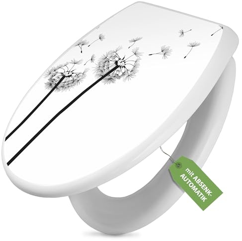 banjado Toilettendeckel mit Absenkautomatik 44,5x37cm - Soft Close Toilettensitz - WC Sitz mit Absenkautomatik - Klodeckel aus Duroplast mit Edelstahl Scharnieren, einfache Montage - Motiv Pusteblume