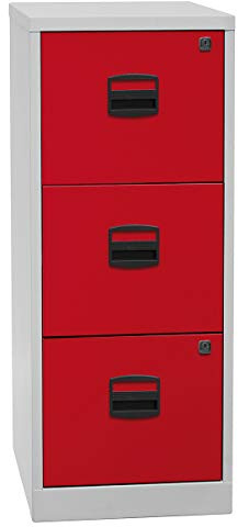 Bisley Home Hängeregistraturschrank PFA, 3 HR-Schubladen, Metall, 506 Korpus Lichtgrau, Fronten Kardinalrot, 40 x 41.3 x 101.5 cm
