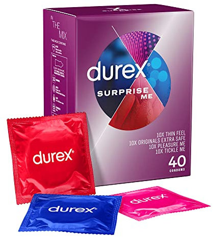 Durex Surprise Me Variety Pack, 40 Condoms, Thin feel, Extra Safe, Pleasure Me, Tickle Me, With Silicone Lube, Condoms Bulk for men, Regular Fit, Ribbed and Dotted, Easy on Shape, Teat Ended
