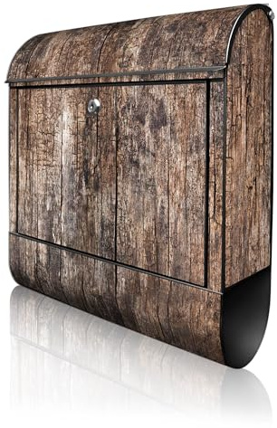 banjado Design Briefkasten 38,5x46,5x13cm & 2 Schlüssel - Briefkasten Stahl Schwarz mit Zeitungsfach pulverbeschichtet - Postkasten A4 Einwurf inkl. Montagematerial - Motiv Altes Holz