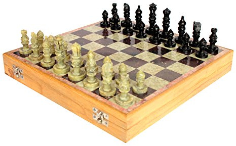 StonKraft Stein Holz Schach Schachbrett Schachbrettspiel Set aus Holz + Stein Schachfiguren (30 x 30 cm)