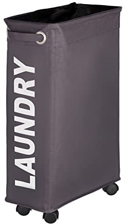 WENKO Wäschesammler Corno Grau, Stabiler schmaler Wäschekorb mit Vier leichtgängigen Rollen und Deckel, Wäschetruhe aus 100% Polyester, Fassungsvermögen 43 L, (B x H x T): 18,5 x 60 x 40 cm