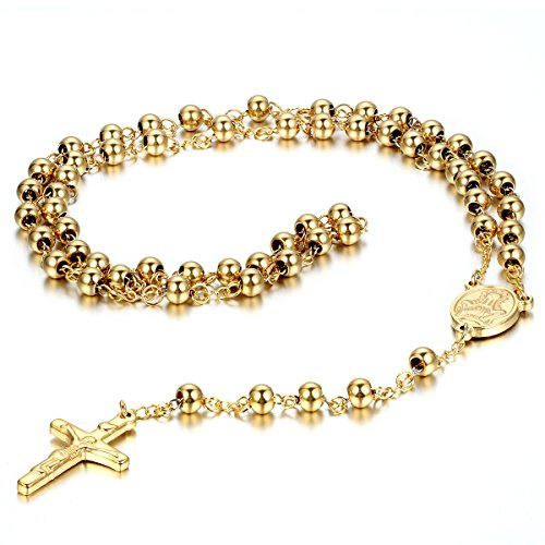 JewelryWe Gioielli Acciaio Inossidabile Collana Collegamento Perline Catena Catenina Oro Rosario Jesus Gesu Cristo Crocifisso Croce Retro Uomo
