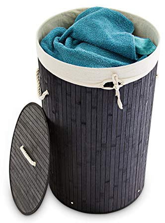 Relaxdays Wäschekorb Bambus, faltbare Wäschetonne mit Deckel, Volumen 70 l, Wäschesack Baumwolle, rund Ø 41 cm, schwarz