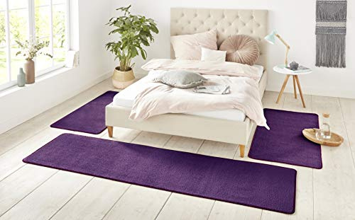 Hanse Home Nasty Alfombra para Borde de la Cama, 3 Piezas, Alfombra de Cama de Pelo Corto, Monocolor, Juego de Corredores para habitación de los niños, Dormitorio, Color Violeta, 2 x 70 x 140 cm, 1 x