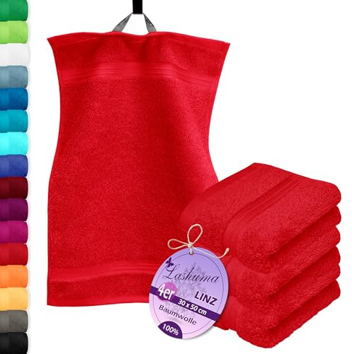Lashuma 4er Badezimmer Set Händehandtücher Rot - Scharlach, Linz Frottee Gästetücher 30x50 cm