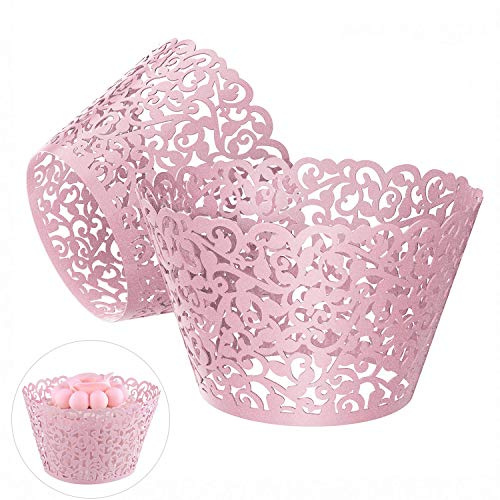 Gospire 50 pcs Pearl Lace Filigree Wedding Cupcake Wrapper Baking Cake Cups Wraps Party Decoration Laser Cut (Pink) | Wrapper Baking Cake Cups, Wraps Party Decoration