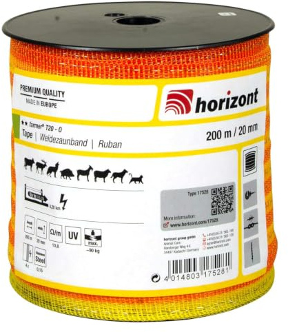horizont Weidezaunband farmer T20-O, 200 m, 20 mm breit | Breitband Litze, Weidezaun Strom, Elektrozaun, für kurze Zäune, 90 kg Bruchlast, Band, Litze Weidezaun