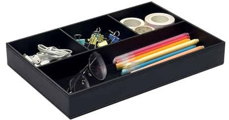 UnionBasic Flat 4-Slot Leather Desk Drawer Tray Stationery Sundries Gadget Organizer Storage Box Pen Pencil Holder Case Container (Black)