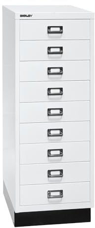 BISLEY MultiDrawer, 39er Serie mit Sockel, DIN A3, 9 Schubladen, Metall, 696 Verkehrsweiß, 43.2 x 34.9 x 94 cm | Mit Sockel, DIN A3, 9 Schubladen, verkehrsweiß, schwarz