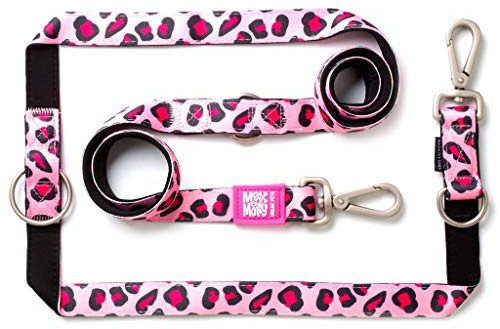 Max & Molly Multifunktions Hundeleine 2m mit 2 Karabinern, Leopard Pink/M Umhängeleine Gepolstert, Sicher & Flexibel – Komfort für deinen treuen Begleiter