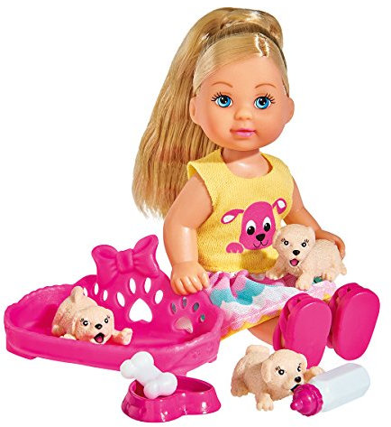 Simba 105733041 - Evi Love Puppy Love, mit DREI Babyhunden, mit Hundekorb und Zubehör, Ankleidepuppe, 12cm, für Kinder ab 3 Jahren