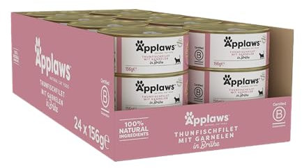 Applaws 100% natürliches Premium-Nassfutter für Katzen, Thunfischfilet mit Garnele in Brühe - Packung mit 24 x 156g Dosen