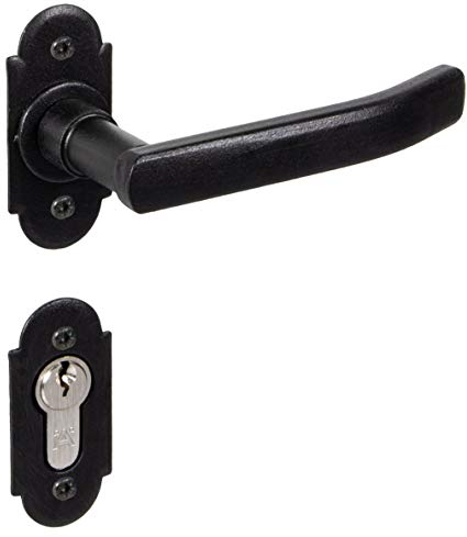 Gedotec Poignee de Porte en Fer Forgé | HELSINKI | 1 Pièce Poignée | Fonte Noire Rustique | PZ - Cylindre Profilé | Poignée de porte de chambre sur rosace | Matériel de fixation inclus