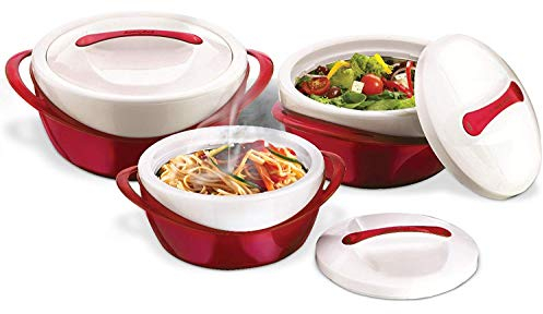 Pinnacle Thermoware, set di 3 pezzi di casseruola – grande zuppa e insalatiera – ciotola isolata con coperchio – grande ciotola per vacanze, cena e feste – 2,6 qt 1,25 qt. 0,6 qt. – rosso