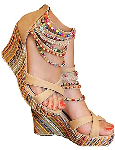 getmorebeauty Women's Wedge Pearls Across The Top Platform High Heels 6 B(M) US