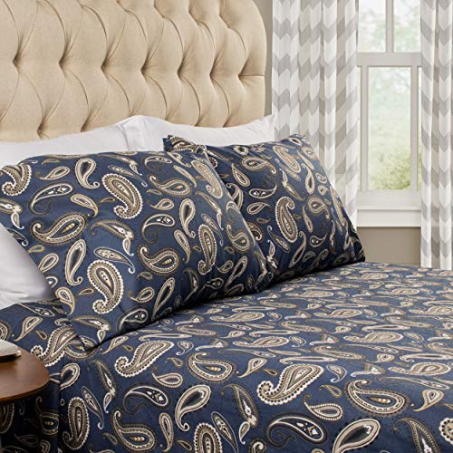 Superior Premium Cotton Flannel Sheets, All Season 100% Brushed Cotton Flannel Bedding, 4-Piece Sheet Set with Deep Fitting Pockets - Navy Blue Paisley, Queen Bed
