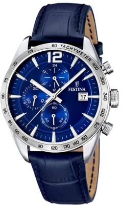 Festina Montre Homme Analogique en Cuir Bleu - Mouvement Quartz - Chronographe - Calendrier - Verre Minéral Haute Résistance - Étanche 5 ATM - Élégante F16760/3 Timeless Chronograph