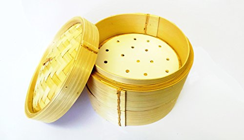 6.5 Round Bamboo Steamers Two Layer with One Lid and 25 Free Dim Sum Papers