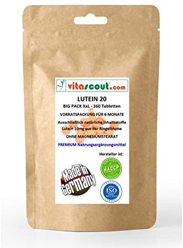 VITASCOUT Lutein 20 II, 360 Tabletten à 10 mg, Hochdosiert, 6-Monatsvorrat, ohne Magnesiumstearat, Suchbegriffe sind oft Augengesundheit und Sehkraft, Antioxidativ, Vegan