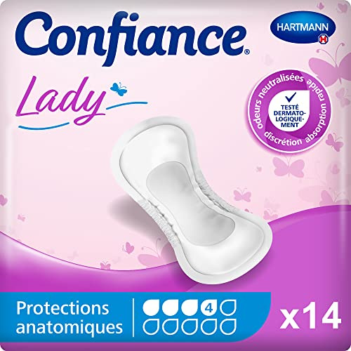 Confiance® Lady - Pequeñas protecciones anatómicas absorbentes para mujeres, nivel de absorción = 4 gotas (fugas urinarias medianas) - pH neutro a la piel - 14 unidades