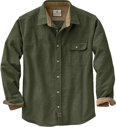 Legendary Whitetails Men's Buck Camp Flannel, Long Sleeve Plaid Button Down Casual Shirt, Corduroy Cuffs, Army, XL