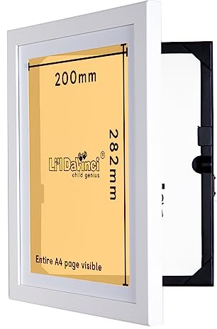 My Little DaVinci Holz-Bilderrahmen für 50 Bilder – Original patentierte A3- und A4-Fotorahmen mit Frontöffnung – Präsentieren oder hängen Sie die Kunstwerke Ihrer Kinder auf (Weiss A4)