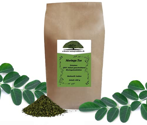 erlesene-naturprodukte Moringa-Tee aus Hand-geernteten, feinst geschnittenen Moringa-Blättern - Vegan & ohne Teein - 400g