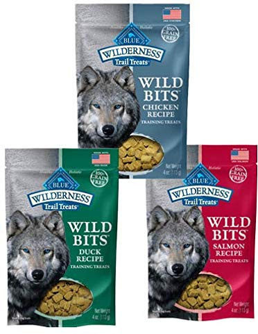 Blue Buffalo Wilderness Trail Treats Grain-Free Wild Bits Dog Treats - 3 Flavors (Salmon, Chicken, & Duck) - 4 Ounces Each (3 Total Pouches)