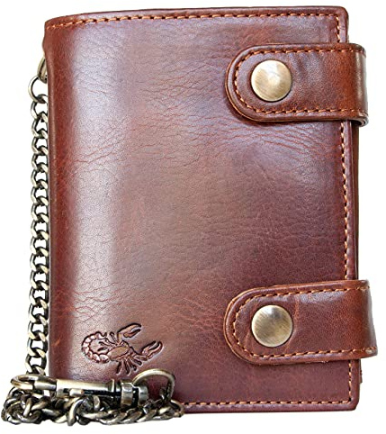 FLW Portafoglio biker in solo vera pelle naturale con scorpione con catena in metallo