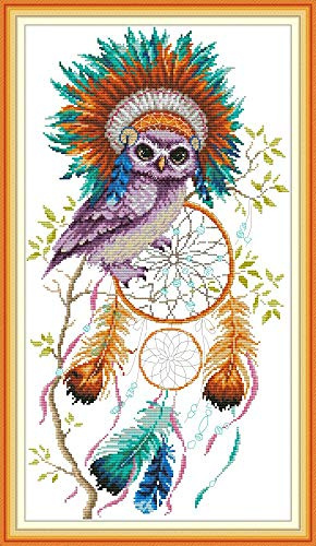 Kreuzstich-Stickset für Erwachsene und Kinder, WOWDECOR Eule, Tiere, Traumfänger, bunte Federn, 11-fädig, gestempelt, DIY, DMC, Handarbeit, einfache Anfänger
