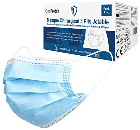 Juego de 40x 50 Mascarillas quirúrgicas homologadas desechables OneProtek - Tipo 2R IIR 3 capas de filtración - EN 14683 BFE ≥ 98% - Cómodas, transpirables y elásticas resistentes
